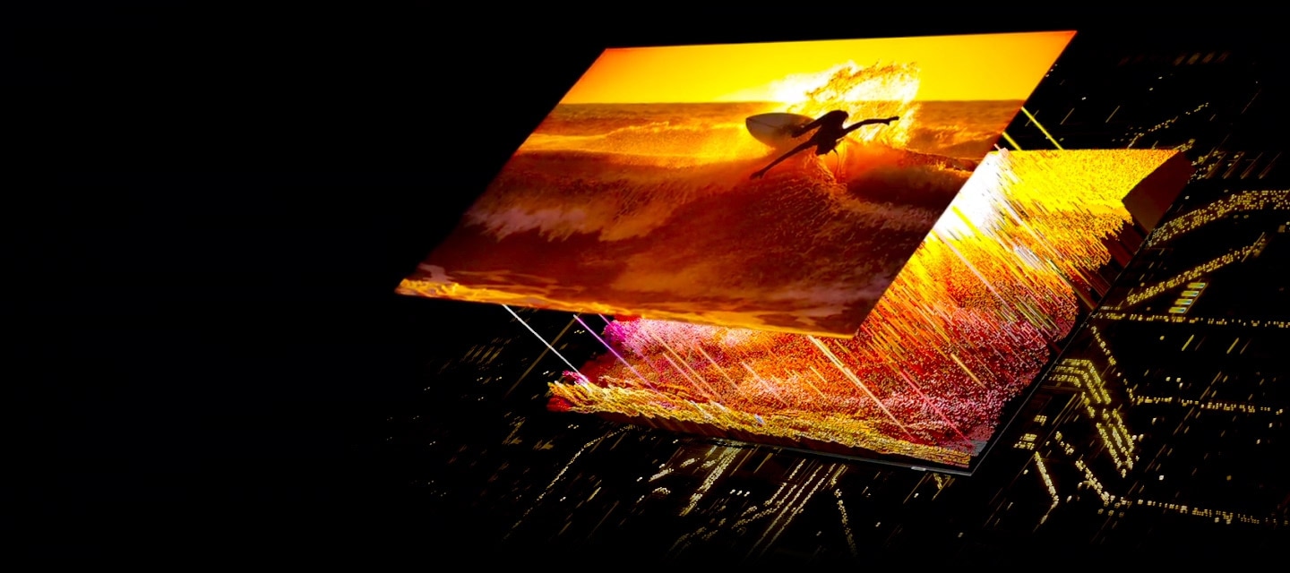 A surfer on the screen is displayed in detail through the Quantum Mini LEDs in the back that are accurately controlling light.