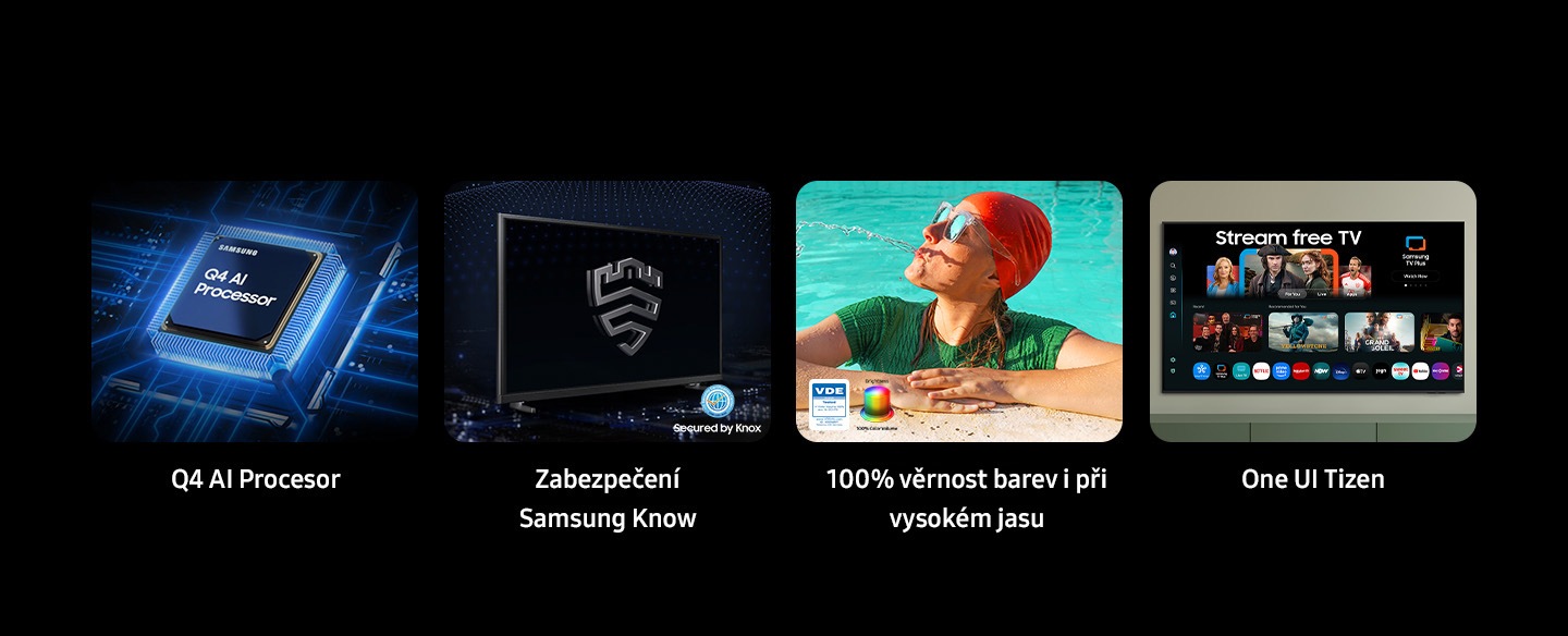 Procesor Samsung Q4 AI, zabezpečení Samsung Knox zabezpečeno Knoxem, 100% objem barev s Quantum Dot, jas barev a logo testováno VDE. Jedno uživatelské rozhraní Tizen.