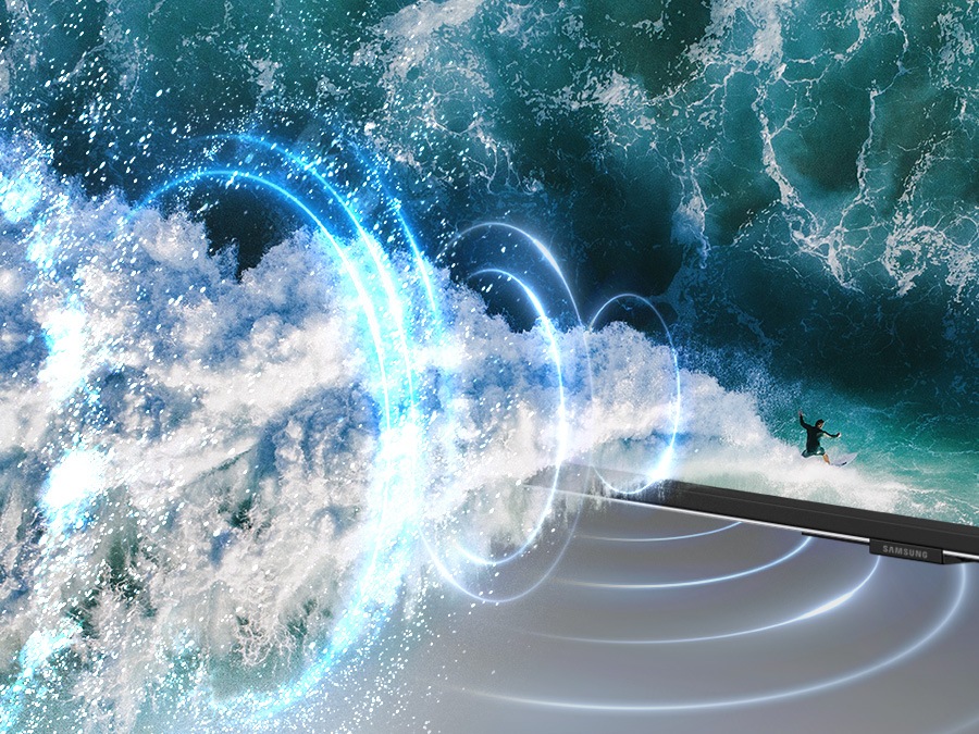 Графіка з імітацією звукових хвиль демонструє звукову технологію відстеження об'єктів у тому вигляді, в якому вона слідує, і серфера на екрані телевізора.