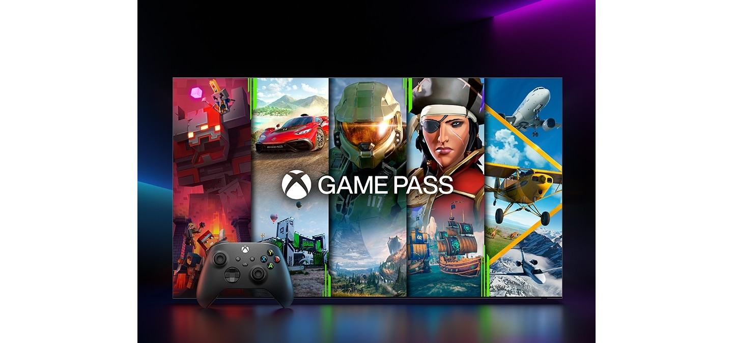 V jednom okamžiku se naráz zobrazí 5 různých her pro platformu Xbox, současně s logem Xbox Game Pass a herním ovladačem.