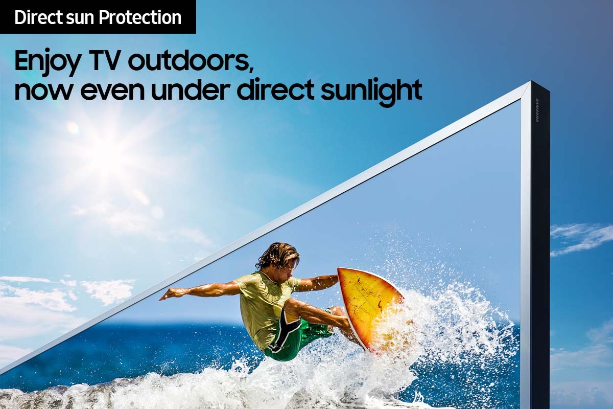 The sun shines directly onto The Terrace TV with direct-sun protection.