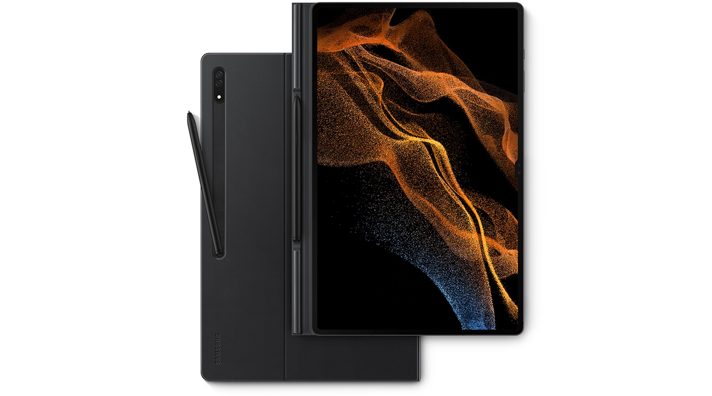 A Tab S8 Ultra is in an Book Cover. The front view has the S Pen completely in its holder. Under it is a back view with S Pen partially in its holder.