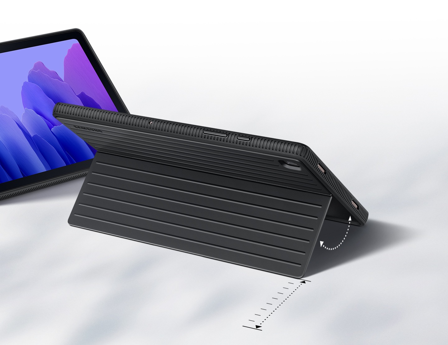 The back of a Galaxy Tab S8 Ultra facing backward, with the Protective Standing Cover angled outwards at 30 degrees to prop the tablet up. Another tablet is partially visible next to it.