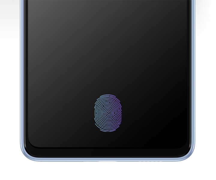 Galaxy A53 5G von vorne gesehen mit nichts als dem Fingerabdrucksensor auf dem Bildschirm.
