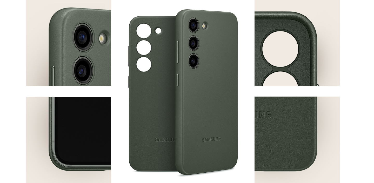In der Mitte ist jeweils die Rückseite zweier Leather Case abgebildet. Das eine ist das Case eines Galaxy S23 Plus Smartphones, das andere porträtiert lediglich das Case. In der Mitte sind Zoom-Ins von jeder Ecke des Leather Cases zu sehen.