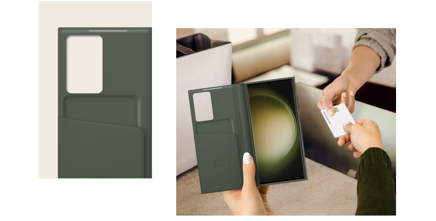 Eine Nahaufnahme der Innenseite des Wallet Cases mit einem Kartenschlitz. Eine Person reicht einer anderen Person eine Karte aus dem Kartenschlitz des Cases.