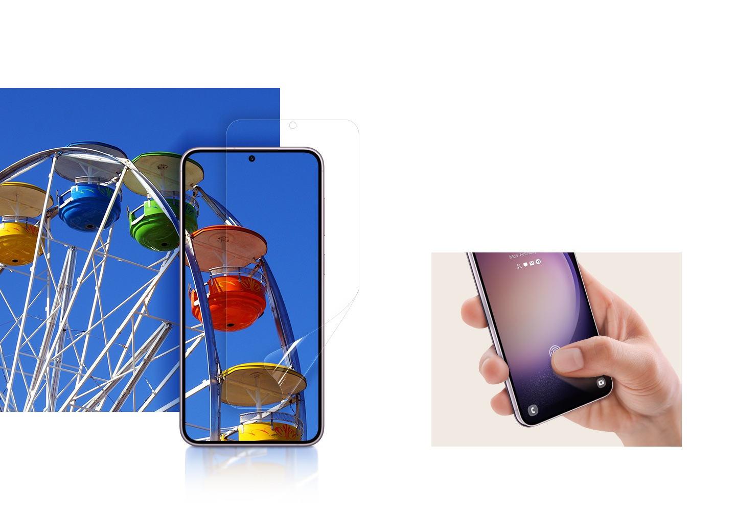 Eine Hand hält ein Smartphone samt der Displayschutzfolie, während der Daumen sanft den Bildschirm berührt, um die hohe Berührungsempfindlichkeit der Schutzfolie zu demonstrieren. Ein Galaxy S23 Plus Smartphone inklusive Displayschutzfolie wird auf ein buntes Bild gelegt, das durch das Gerät einwandfrei zu sehen ist.