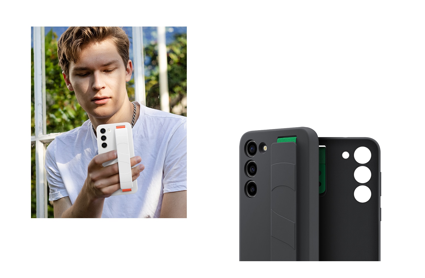 Rückansicht des Silicone Grip Cases. Ein Mann hält das Galaxy S23 Plus  Smartphone in der Hand, wobei er seine Finger unter das Band legt. Man sieht eine Nahaufnahme der Innen- und Außenseite des Cases.