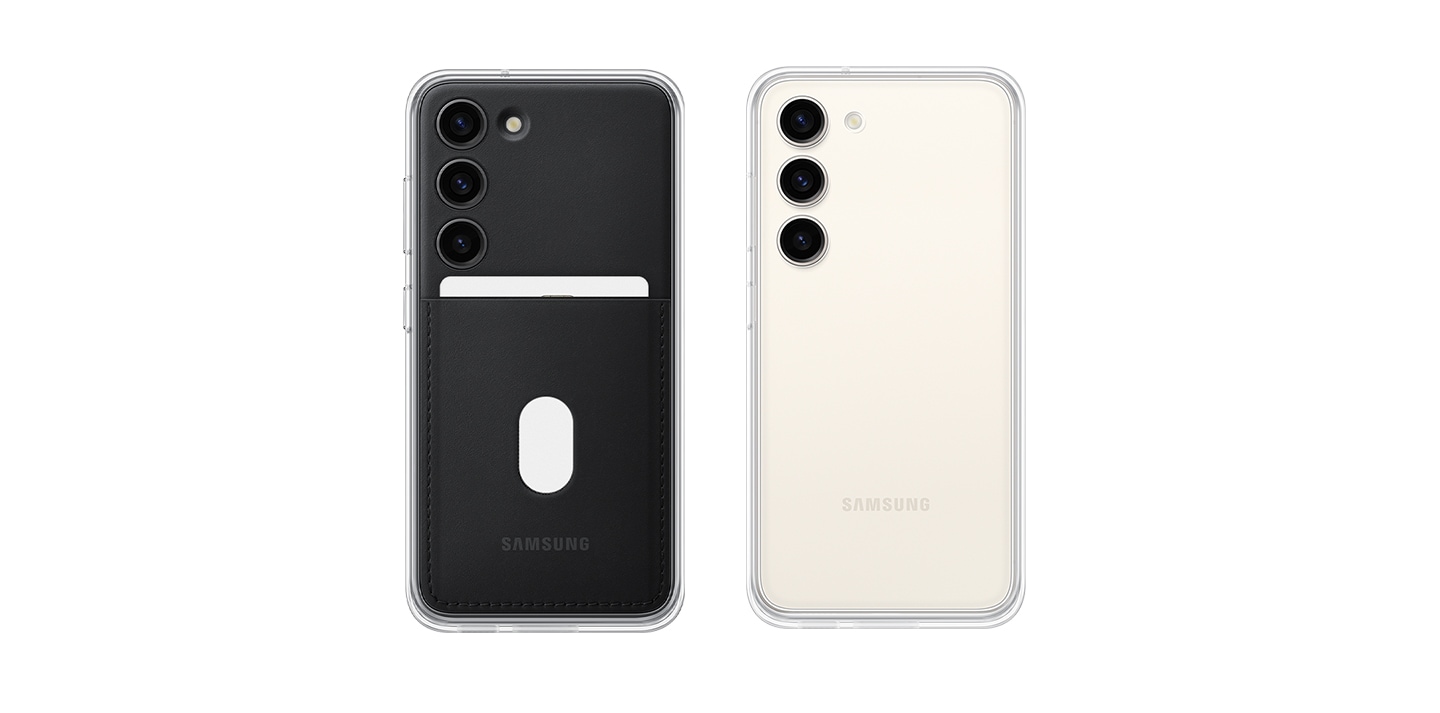 Es sind zwei Cases abgebildet: links sieht man die Rahmen, rechts die Rückplatten. Sie sind an die Maße eines Galaxy S23 Smartphones angepasst. Das linke Case verfügt über eine schwarze Rückplatte mit einem Kartenfach, während das rechte eine transparente Rückplatte hat. Das Frame Case kann jeweils individuell an jedem Gerät zusammengesetzt werden.