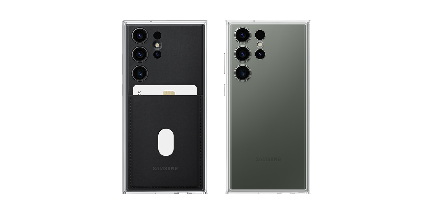 Es sind zwei Case abgebildet: links sieht man die Rahmen, rechts die Rückplatten. Sie sind an die Maße eines Galaxy S23 Ultra Smartphones angepasst. Das linke Case verfügt über eine schwarze Rückplatte mit einem Kartenfach, während das rechte eine transparente Rückplatte hat. Das Frame Case kann jeweils individuell an jedem Gerät zusammengesetzt werden.