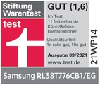 Stiftung Warentest, GUT (1,6), Ausgabe 09/2021, zum Samsung RL38T776CB1/EG, im Test: 11 freistehende Kühl-/Gefrierkombinationen, Qualitätsurteil: 1x sehr gut, 10x gut.
