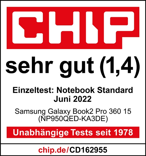 Galaxy Book2 Pro 360 15, sehr gut (1,4), veröffentlicht am 07.06.2022 unter chip.de Einzeltest