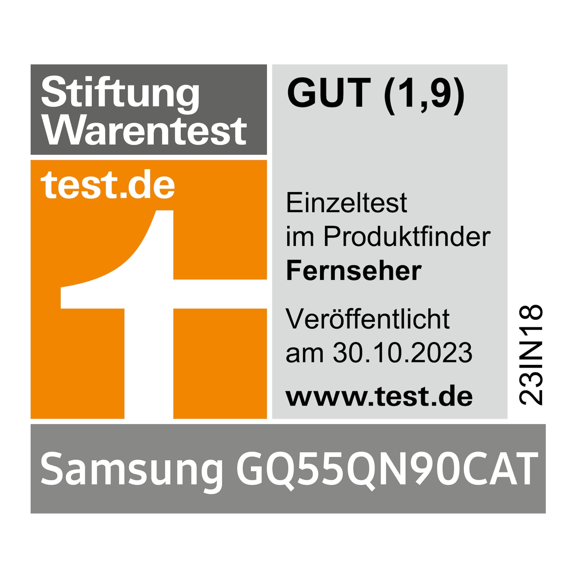 Stiftung Warentest, gut (1,9), test.de, veröffentlicht am 30.10.2023, zum Samsung GQ55QN90CAT, Einzeltest.