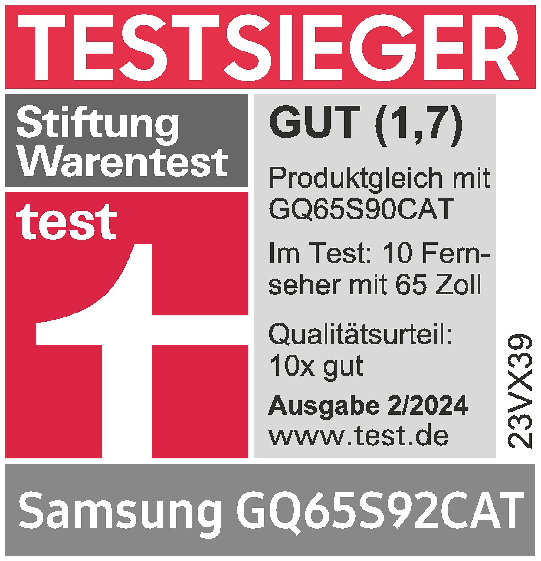 Stiftung Warentest, Testsieger, GUT (1,7), Ausgabe 2/2024, zum Samsung GQ65S92CAT, im Test: 10 Fernseher mit 65 Zoll, Qualitätsurteil: 10x gut.