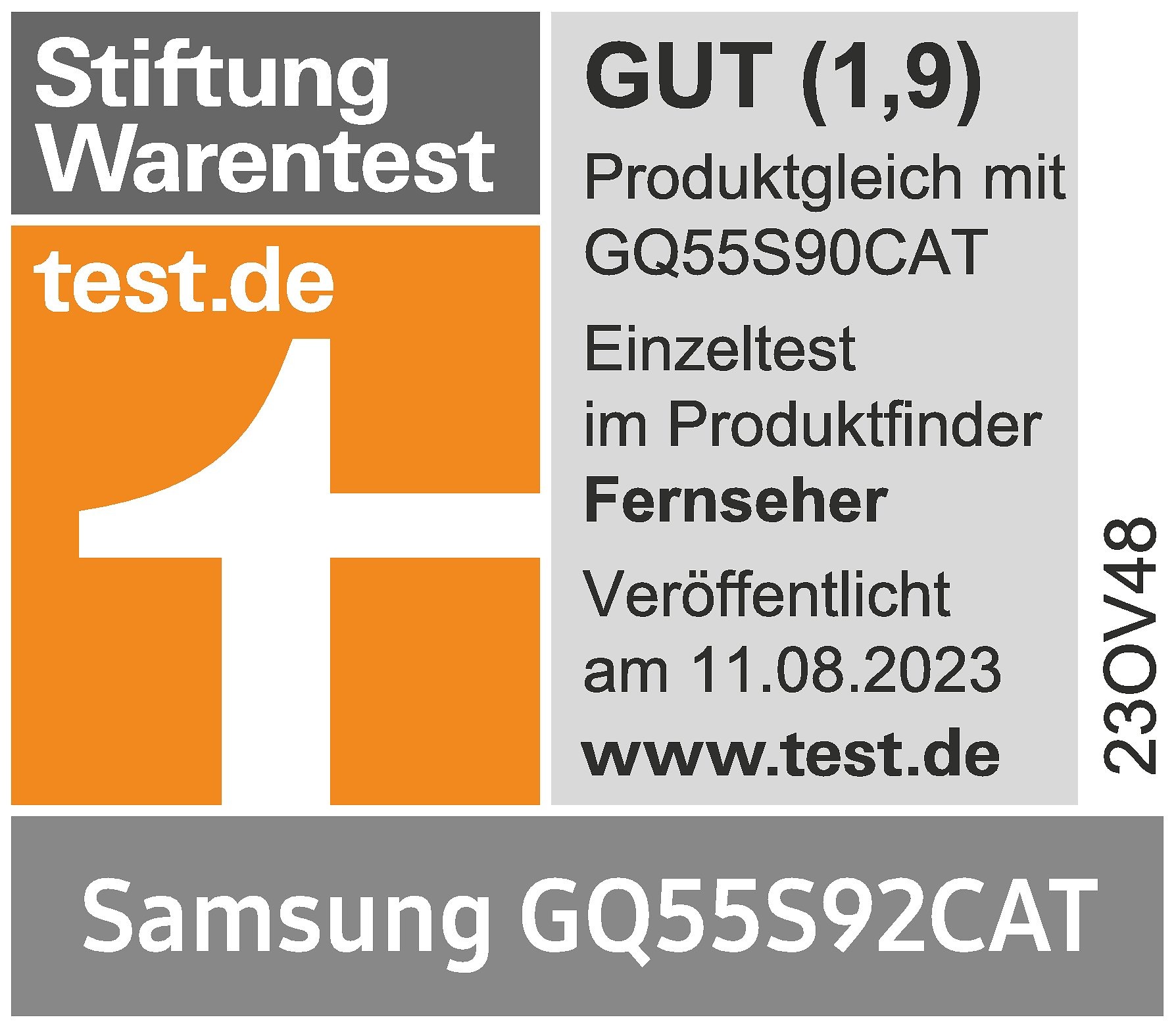 Stiftung Warentest, GUT (1,9), test.de, veröffentlicht am 11.8.2023, zum Samsung GQ55S92CAT, Einzeltest.