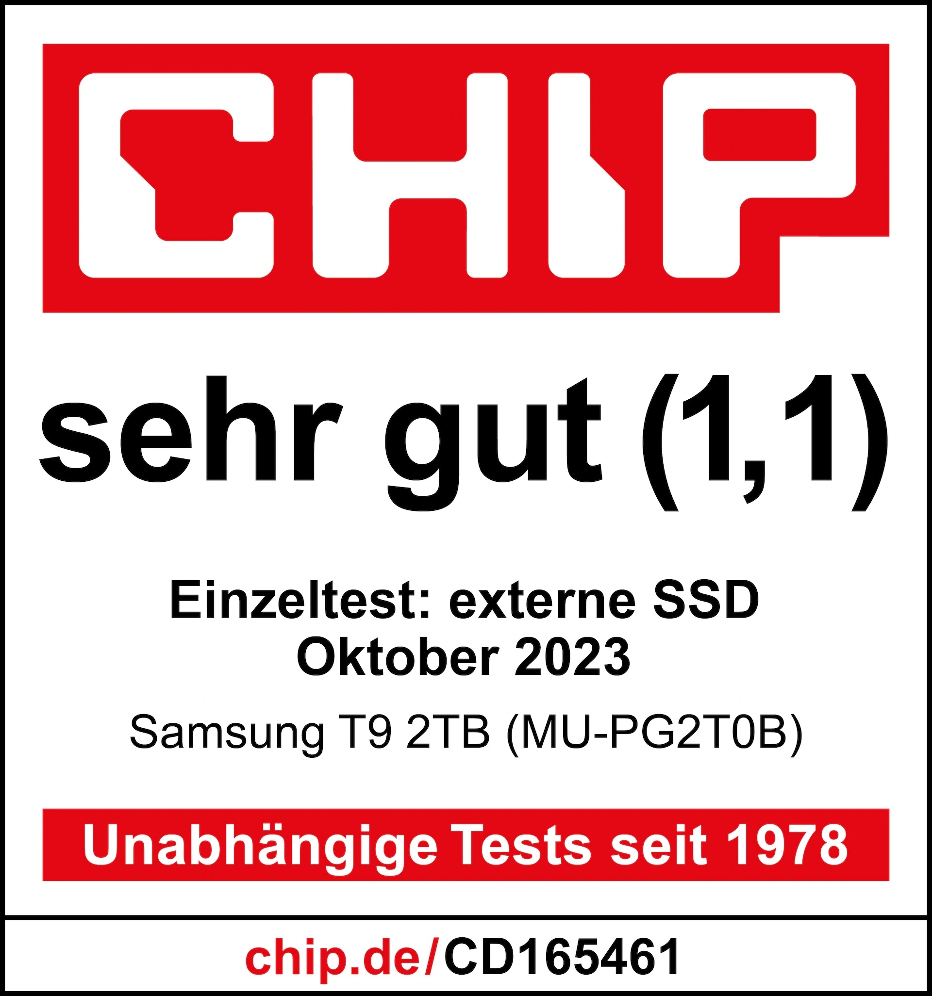 *Quelle: Chip.de, 31.10.2023, https://www.chip.de/test/Samsung-T9-2TB-MU-PG2T0B-im-Test_185005445.html, Einzeltest.
