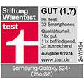 Stiftung Warentest, gut (1,7), Ausgabe 6/2024, zum Galaxy S24+ (256 GB), im Test: 32 Smartphones (18x gut, 11x befriedigend, 3x ausreichend).