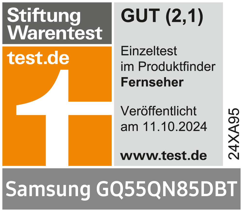 * Stiftung Warentest, gut (2,1), www.test.de, veröffentlicht am 11.10.2024, zum Samsung GQ55QN85DBT, Einzeltest.