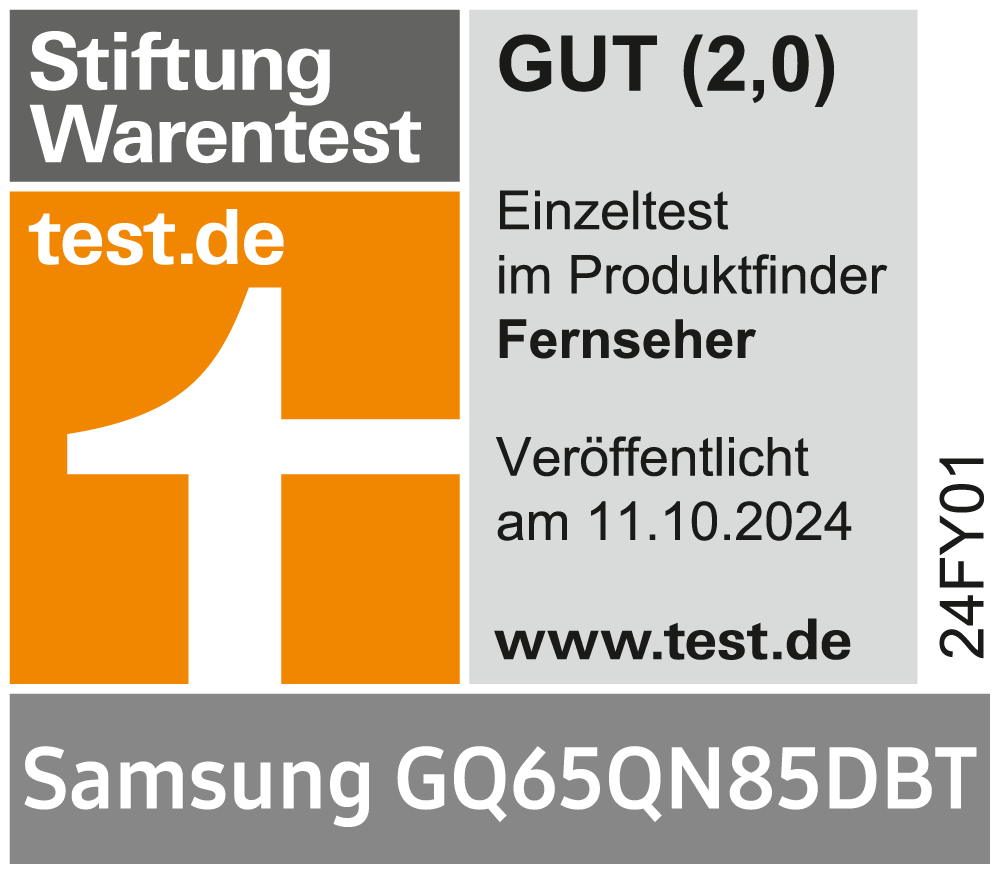 * Stiftung Warentest, gut (2,0), www.test.de, veröffentlicht am 16.09.2024, zum Samsung GQ65QN85DBT, Einzeltest.