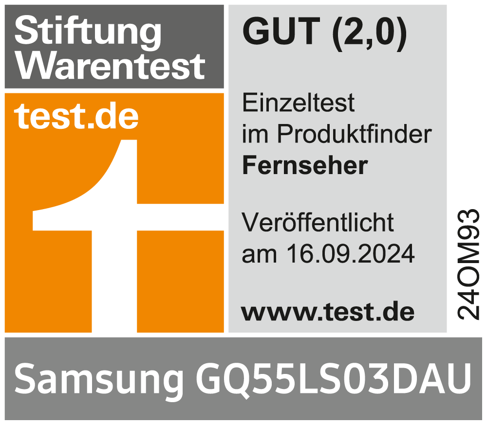 * Stiftung Warentest, gut (2,0), test.de, veröffentlicht am 16.9.2024, zum Samsung GQ55LS03DAU, Einzeltest.