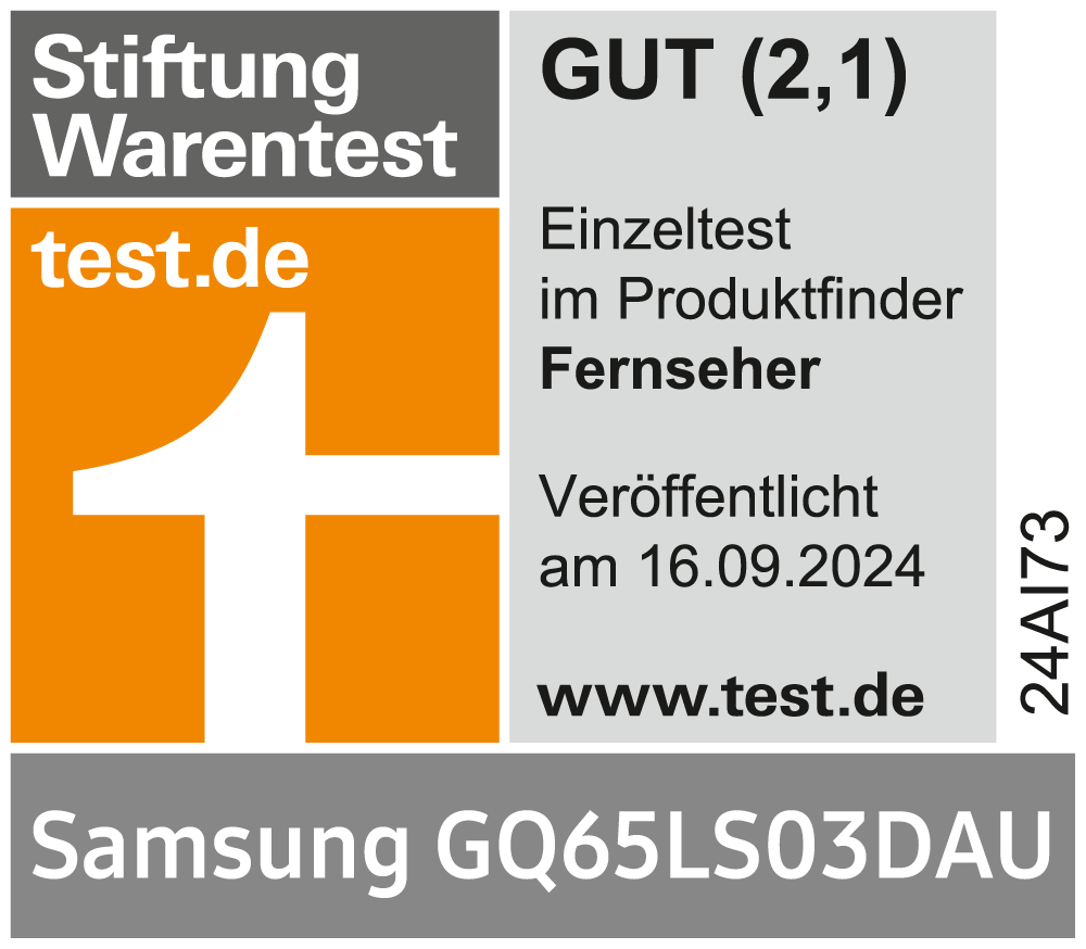 * Stiftung Warentest, gut (2,1), test.de, veröffentlicht am 16.9.2024, zum Samsung GQ65LS03DAU, Einzeltest.