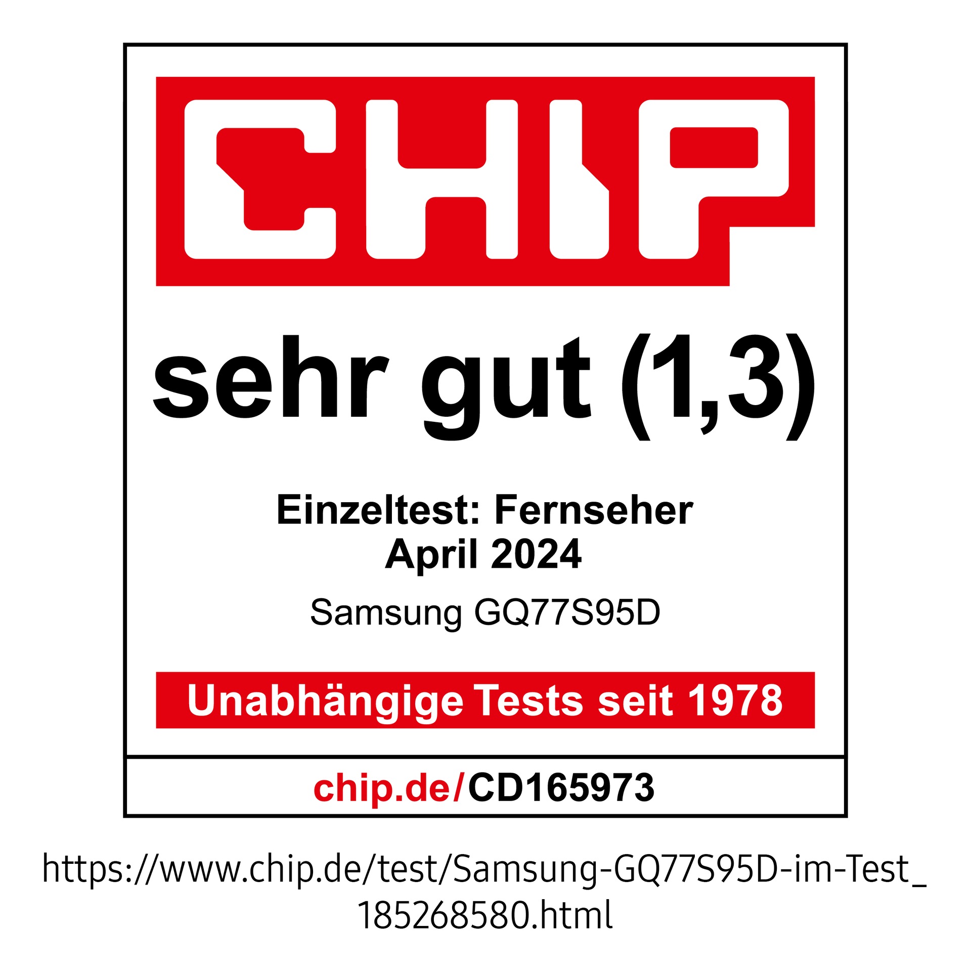 * CHIP Gesamturteil Sehr gut (1,3), www.chip.de, April 2024, zum Samsung GQ77S95D, Einzeltest