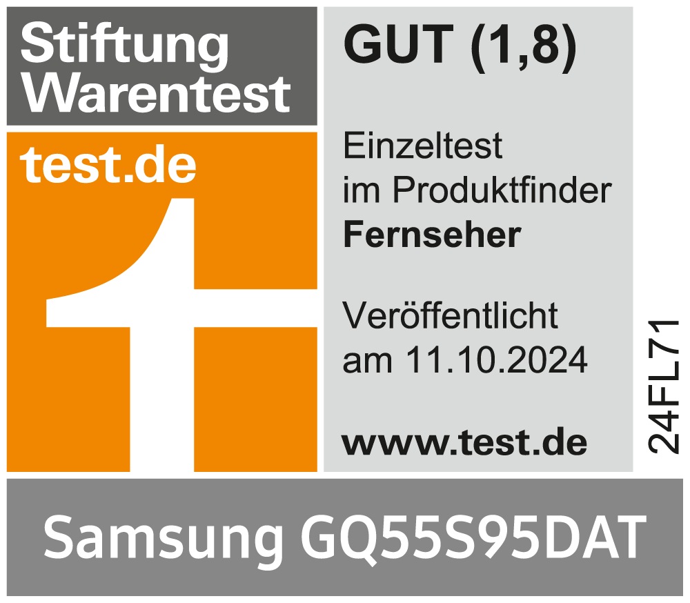 * Stiftung Warentest Gesamturteil Gut (1,8), www.test.de , veröffentlicht am 11.10.2024, zum Samsung GQ55S95DAT, Einzeltest.
