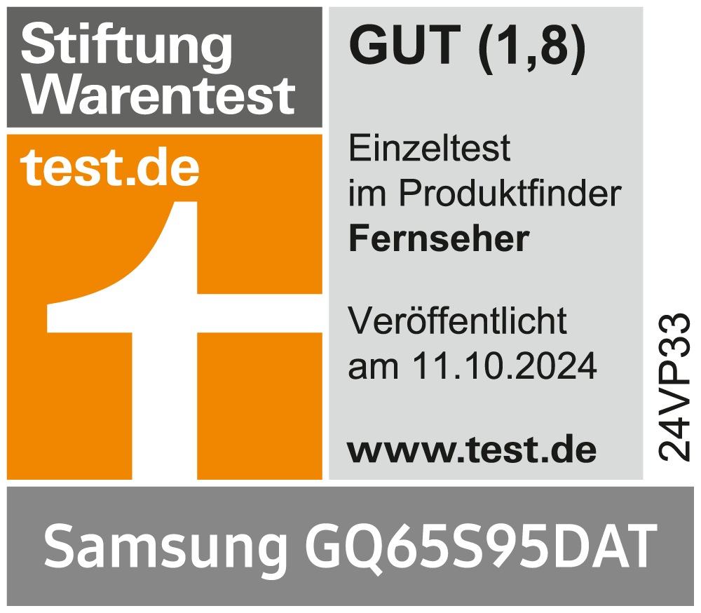 * Stiftung Warentest Gesamturteil Gut (1,8), www.test.de , veröffentlicht am 11.10.2024, zum Samsung GQ65S95DAT, Einzeltest.