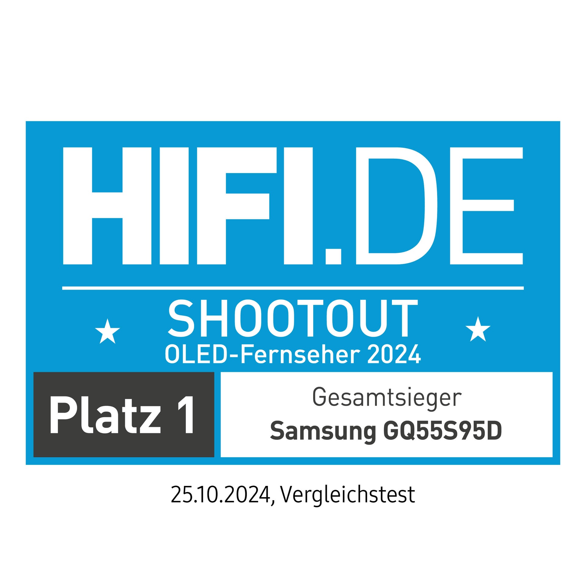 * http://HIFI.DE , Platz 1 (Gesamtsieger), Shootout 2024, 25.10.2024, zum Samsung GQ55S95DAT, Vergleichstest. * Zitat: http://HIFI.DE „Shootout 2024: Die besten TVs im Blindtest der Experten“, Platz 1 (Gesamtsieger), Shootout 2024, 25.10.2024, zum Samsung GQ55S95DAT, Vergleichstest.