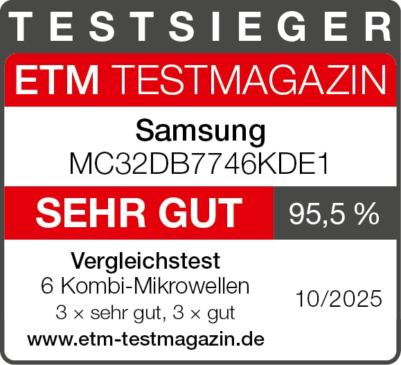 ETM Testmagazin, Testsieger, SEHR GUT (94,3 %), Ausgabe 10/2025, Samsung MC32DB7746KDE1, im Test: 5 Solo-Mikrowellen, Qualitätsurteil: 4x sehr gut, 1x gut.