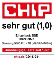 *Quelle: chip.de, getestet am 18.03.2025, „Samsung 9100 Pro 4TB (MZ-VAP4T0BW) im Test", https://www.chip.de/bestenlisten/1403/product/1257227/Samsung-9100-PRO-4-TB-SSD-PCIe-5-0-x4-NVMe-2-0-M-2-2280-MZ-VAP4T0BW.html, Einzeltest zur 9100 PRO 4 TB, Note 1,0 (Sehr gut)
