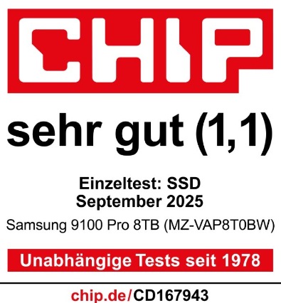 * Quelle: chip.de , 9.9.2025, Einzeltest zur 9100 PRO 8 TB, Note 1,1 (Sehr gut), https://www.chip.de/bestenlisten/1403/product/1296111/Samsung-9100-Pro-8TB-MZ-VAP8T0BW.html