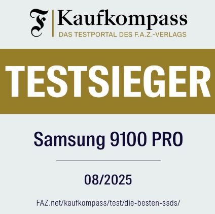 * Quelle: FAZ Kaufkompass auf faz.net, Beitrag vom 1.8.25, https://www.faz.net/kaufkompass/test/die-besten-ssds/; Auszeichnung der SSD 9100 PRO 1 TB als „Favorit Tempo“ im Vergleichstest mit 68 weiteren internen SSD.