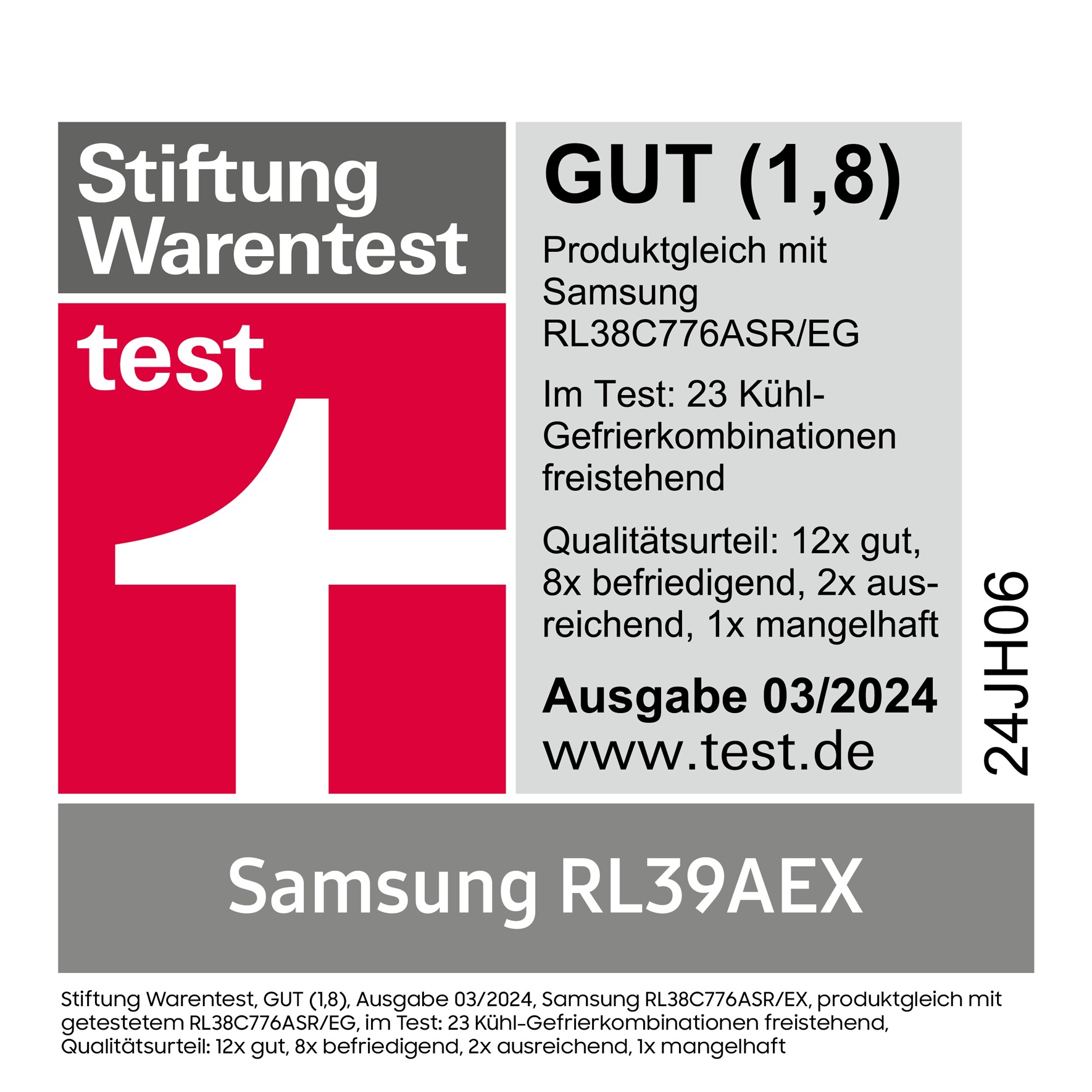 Stiftung Warentest, GUT (1,8), Ausgabe 03/2024, Samsung RL38C776ASR/EX, produktgleich mit getestetem RL38C776ASR/EG, im Test: 23 Kühl-Gefrierkombinationen freistehend, Qualitätsurteil: 12x gut, 8x befriedigend, 2x ausreichend, 1x mangelhaft