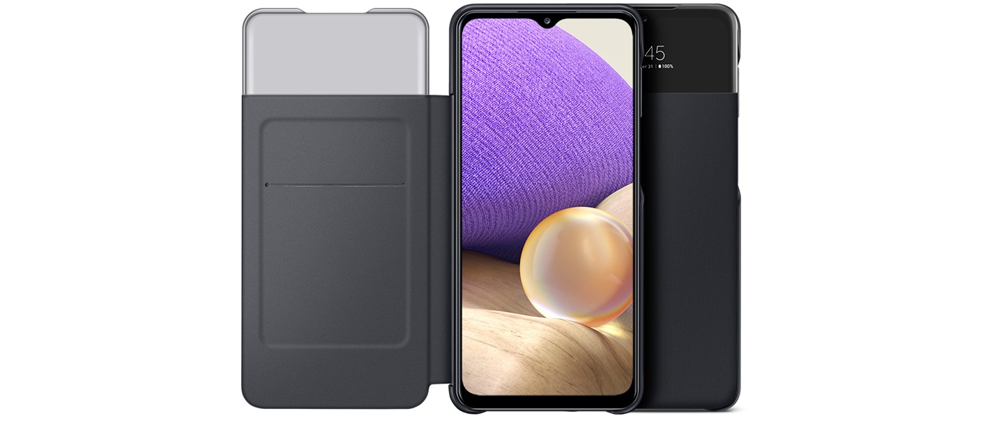 An open S view wallet cover card slot on the left side and on-screen display on the right side