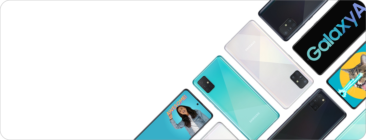 A variety of phones placed diagonally with back showing. 1 phone has Galaxy A written on it, a few have screen images on it.