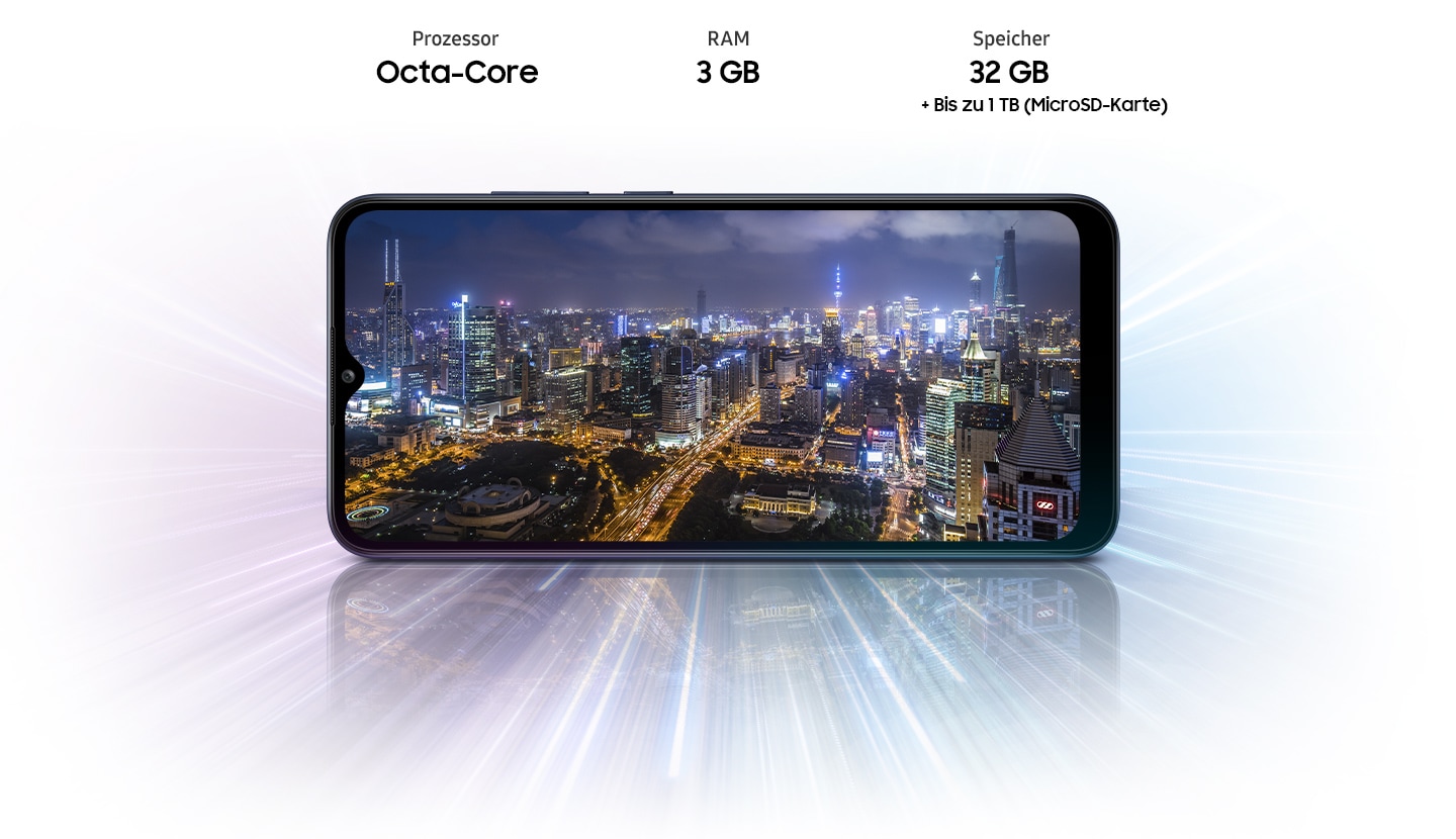 A02s shows night city view, indicating device offers Octa-core processor, 2GB/3GB/4GB RAM, 32GB/64GB with up to 1TB-storage.