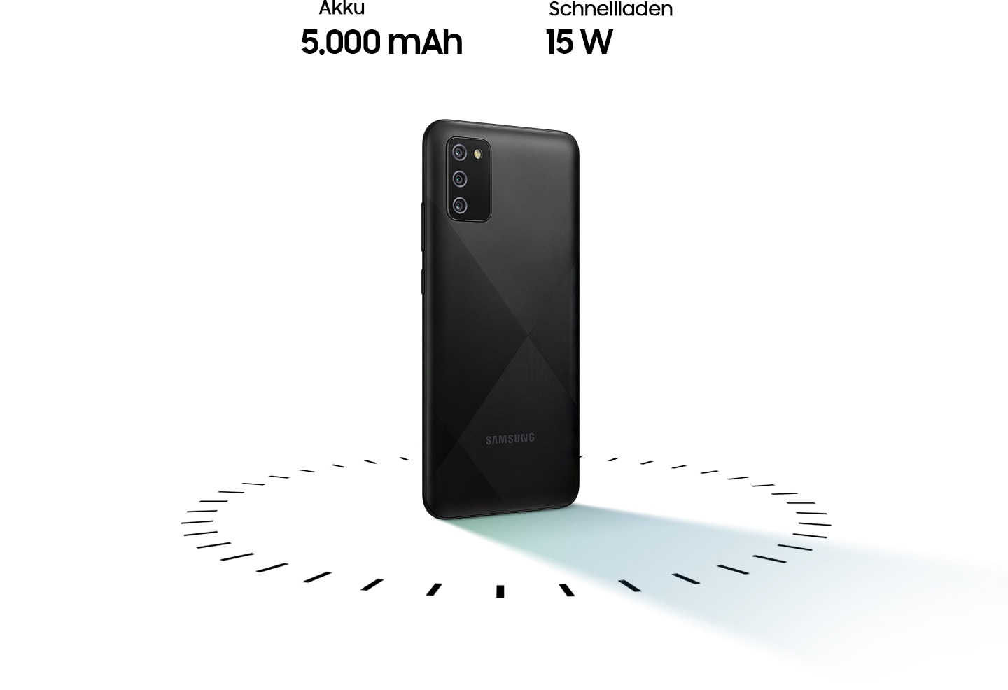 Galaxy A02s stands up, surrounded by circular dots, with the text of 5,000mAh Battery and 15W Adaptive Fast charging.
