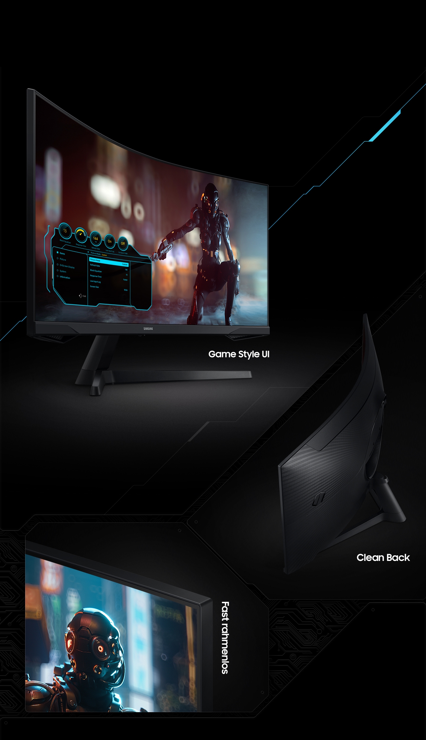 The monitor is in 3 kinds of angles and each shows its game style UI, clean back, and borderless design.