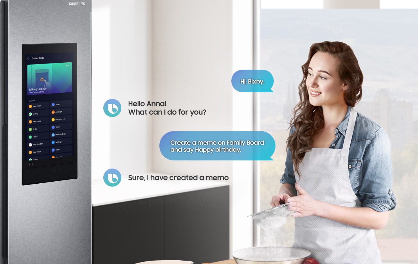A woman takes notes on the Family Board with Bixby voice recognition while preparing meal.