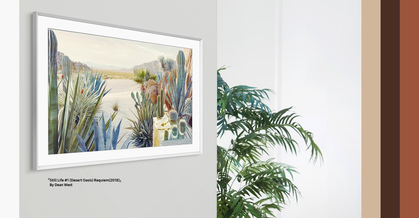 A TV with The Frame Bezel with a beautiful painting onscreen hangs like a work of art on a wall As the color and design of the bezel change it fits harmoniously into the interior