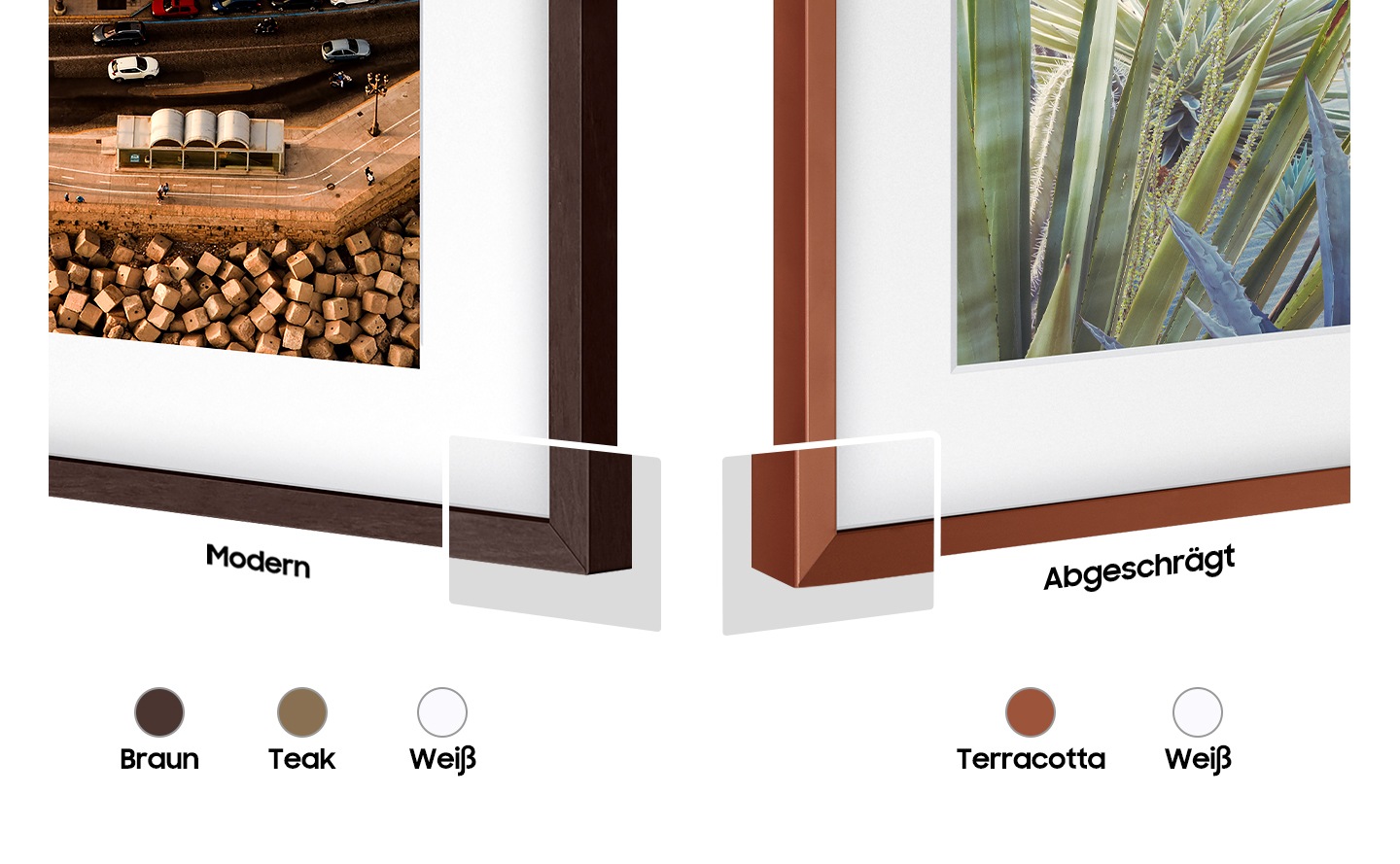 Two bezel types, Modern and Beveled, sit side-by-side to offer users a choice of contemporary or authentic frame style. Color chips for Brown, Teak, White and Brick Red are shown.