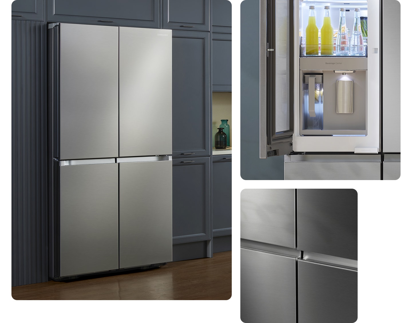 De strakke buitenkant van de koelkast geeft een strakke uitstraling aan de moderne keuken, met een vlakke afwerking en geen verzonken handgrepen.