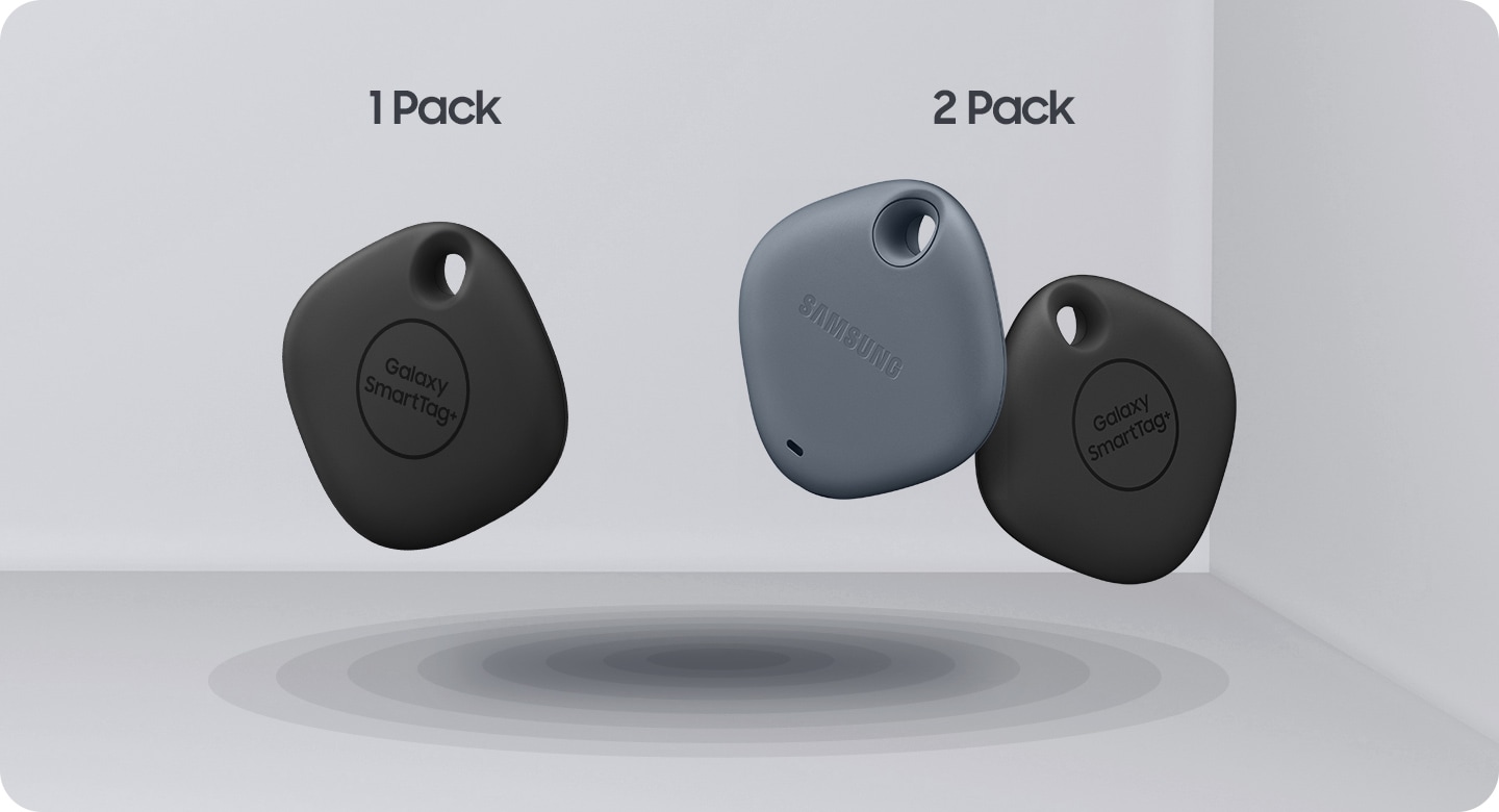 1 black SmartTag+ and 2 SmartTag+s,1 blue-colored and 1 black together in bundle placed at an angle.