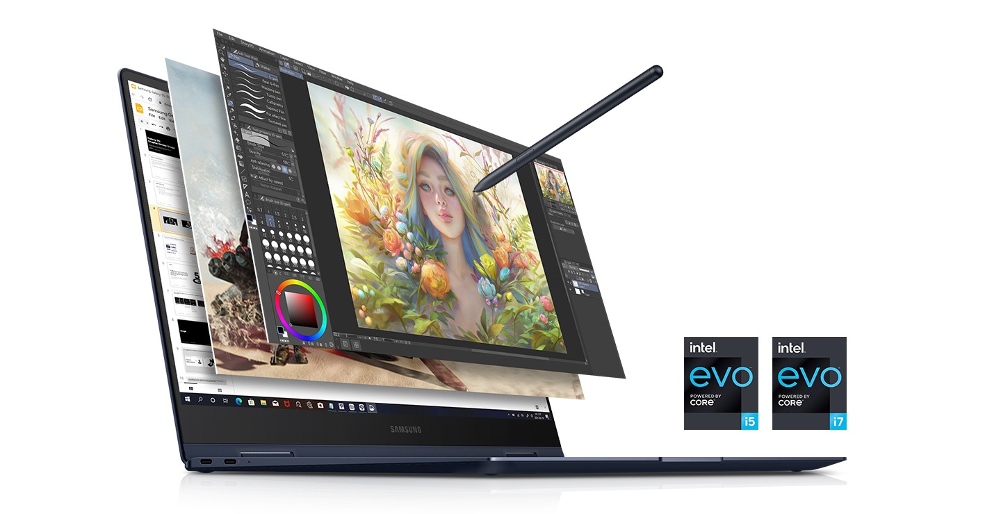 Auf dem Display des Laptops sind mehrere Bilder platziert, auf dem äußeren läuft Photoshop mit dem S Pen. Das Display stellt Gaming und Programmierung auf den inneren Bildern dar. Zwei Aufkleber für Intel evo i5, intel evo i7 sind platziert.