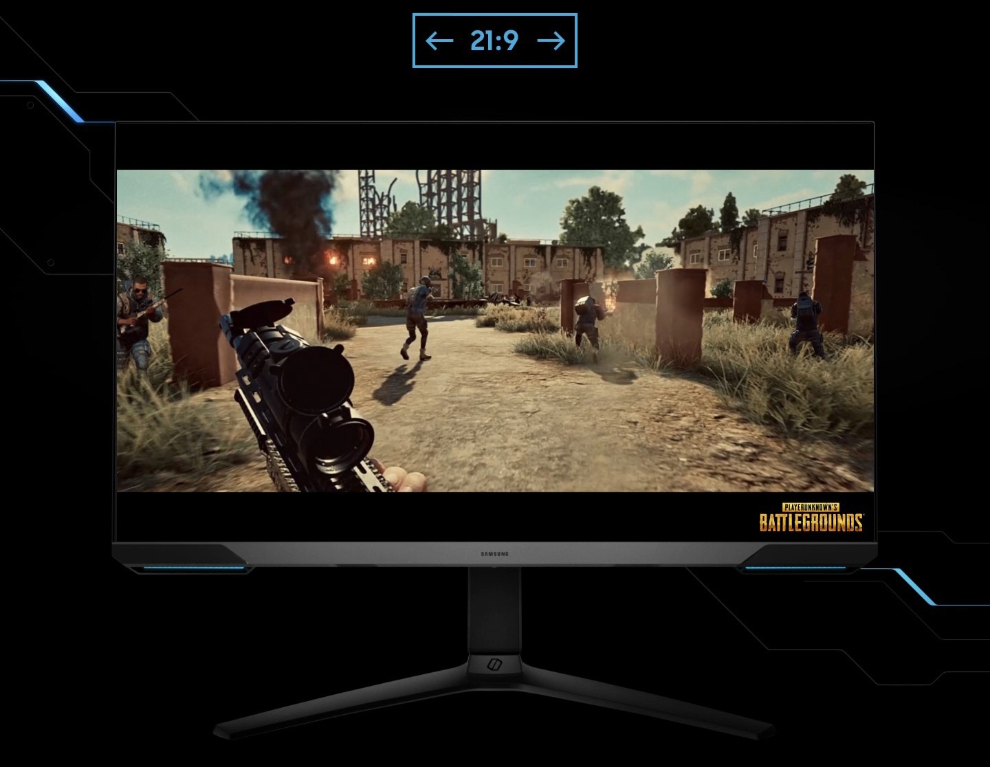 A monitor shows the perspective of a player within a first-person action game. As the screen is extended from 16:9 to 21:9 proportion, an enemy appears in the far left corner, revealed thanks to the monitor's wider perspective.