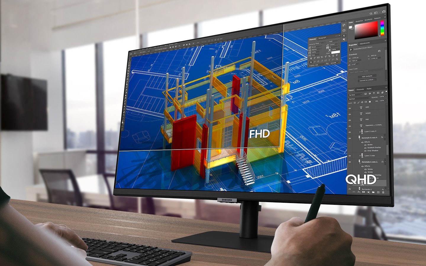 FHD and QHD appear on the monitor screen in order, comparing the available screen areas by resolution.