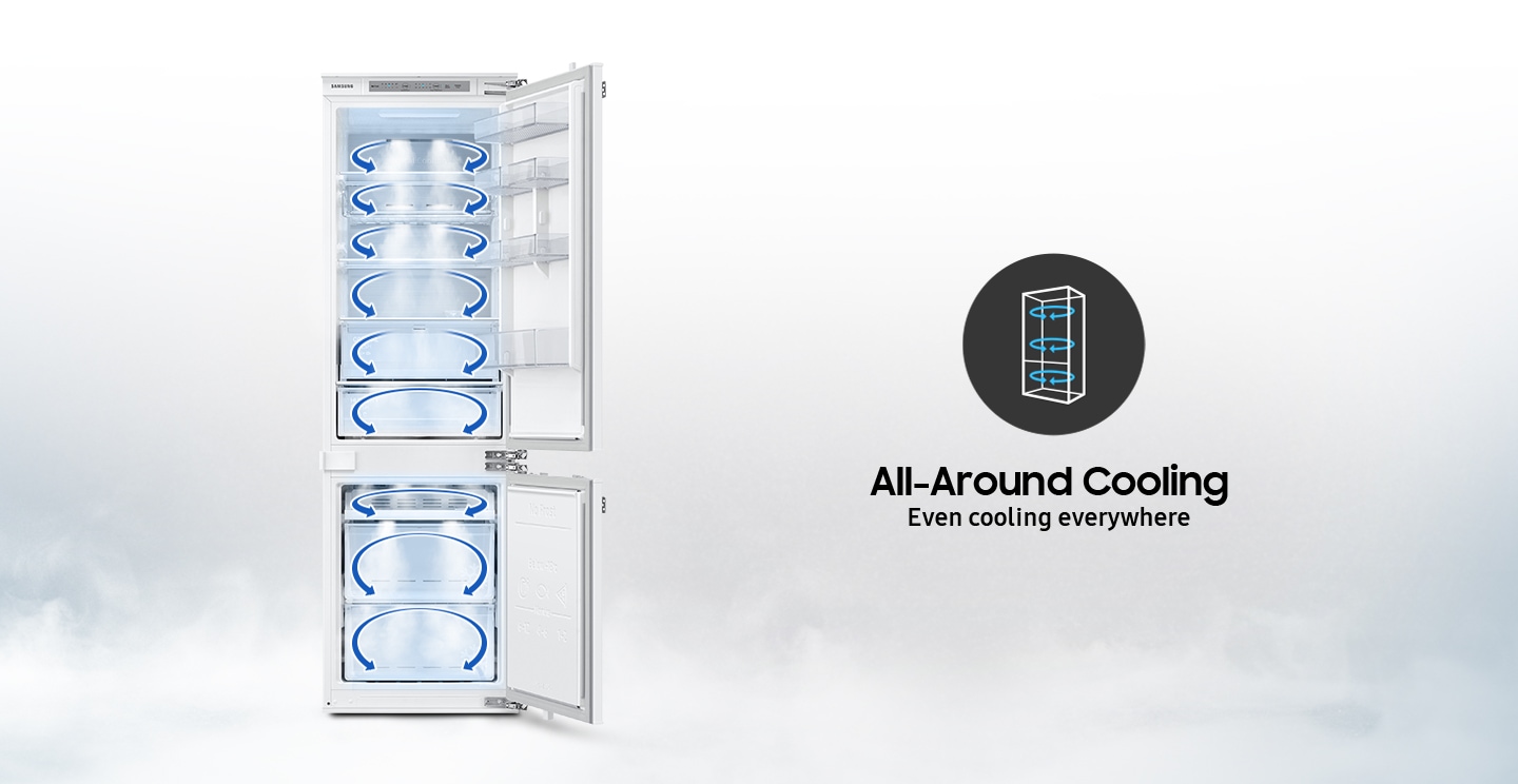 Blue arrows are shown on every inner section of the refrigerator. It indicates cold air spinning through every storage space.