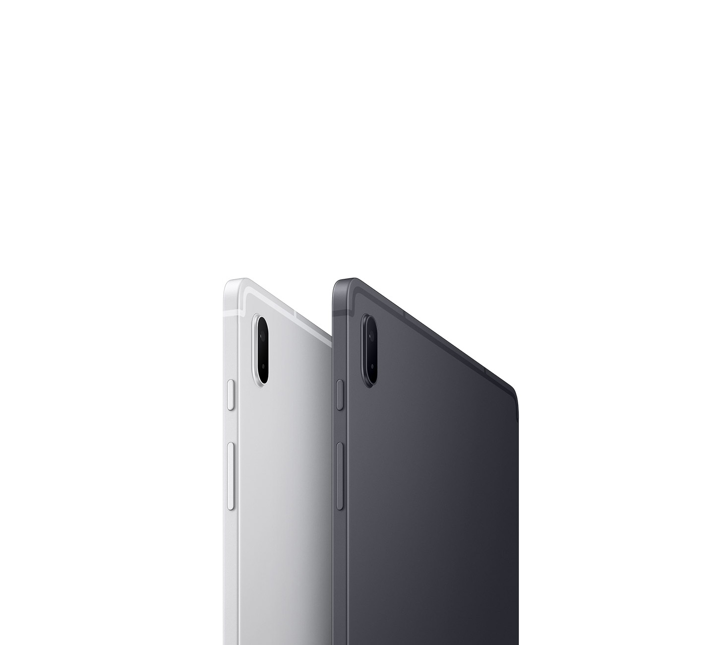 Man sieht zwei Galaxy Tab S7 FE 5G Tablets in den Farben Mystic Silver and Mystic Black, die alle von hinten gezeigt werden.