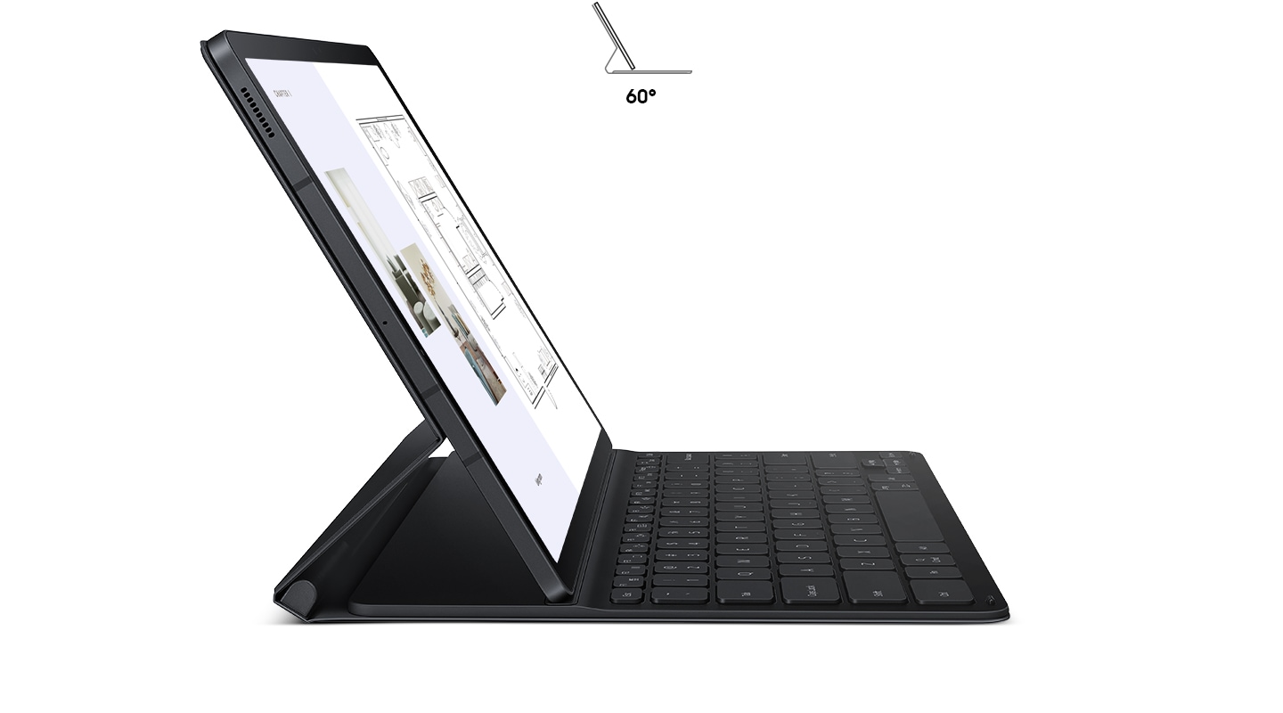 Galaxy Tab S7 FE im Book Cover Keyboard Slim, im Profil von der Seite gesehen. Der Kickstand auf der Rückseite ist herausgefahren und hält das Tablet in einem angenehmen Winkel aufrecht. Ein Icon des Tablets im Inneren des Covers demonstriert ebenfalls den 60-Grad-Winkel.